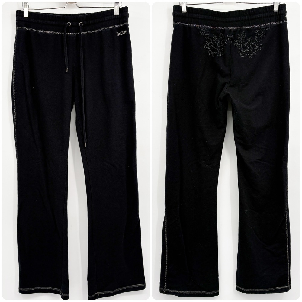 BCBGMaxAzria Womens Black Y2K Floral Embroidered Wide Leg Lounge Pants Size XL